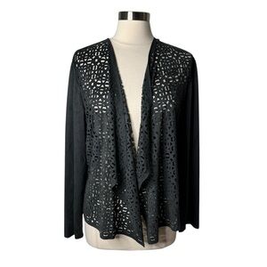 Chicos Perforated Drape Front Faux‎ Suede Solid Black Cardigan Women’s 3 US XL
